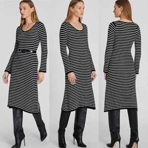 Club Monaco Black And White Striped Ribbed Midi Sweater Dress With Bell Sleeves